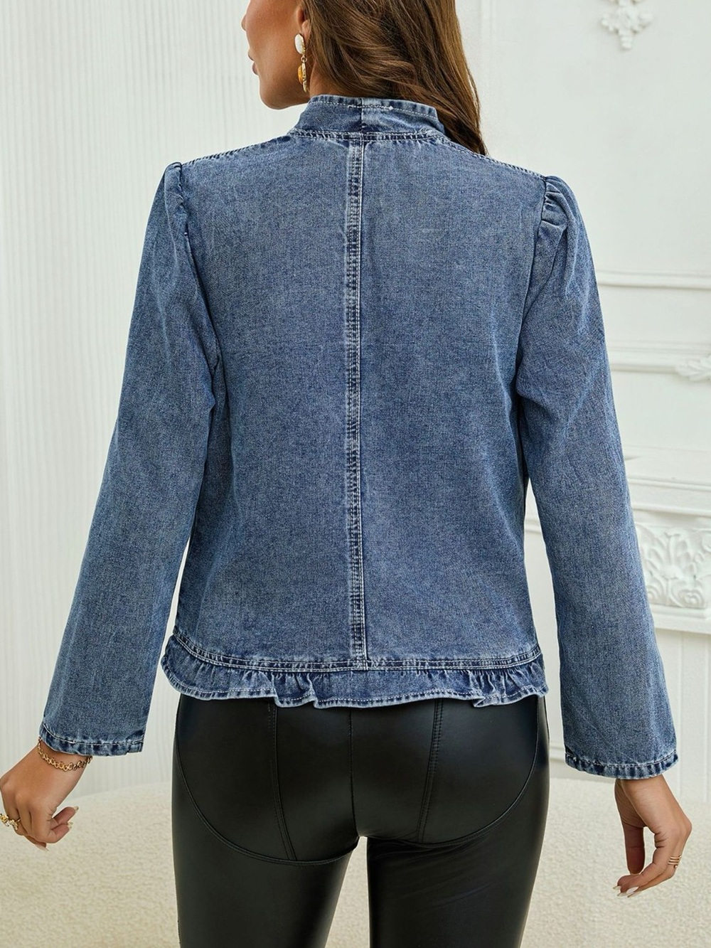 Open Front Ruffled Denim Jacket - Picture 3 of 6